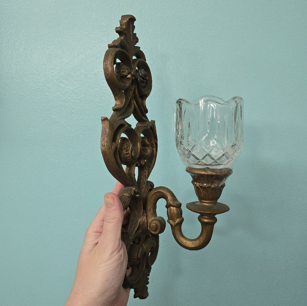 Vtg Burwood Wall Sconces 2 Ornate Gold/bronze Scroll Candle Holders w/votives - Picture 3 of 12